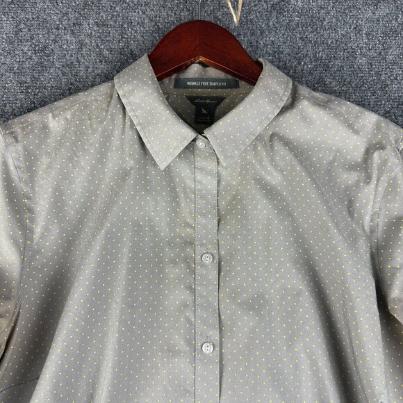 Eddie Bauer Top Womens Large Wrinkle Free Shaped Fit Button Up Gray Polka Dot - Picture 3 of 8